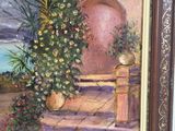an oil painting of a doorway with potted plants and a view of the ocean