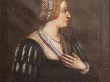 un vieux tableau représentant une femme en robe noire avec un bandeau rouge