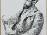 a black and white drawing of a man sitting on a chair