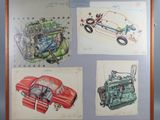 Des dessins représentant une voiture, une moto et un moteur de voiture sont exposés dans un cadre