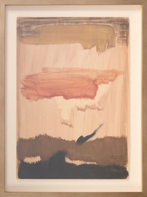 peinture abstraite représentant une œuvre aux couleurs rose, marron et noir