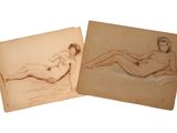 deux dessins représentant une femme allongée sur un lit et un homme allongé sur un lit