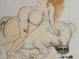 drawing of a nude woman laying on a bear with her head on the ground