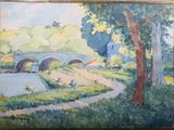 une peinture représentant un pont au-dessus d'une étendue d'eau