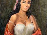 une peinture à l'huile représentant une femme vêtue d'une robe rouge et blanche