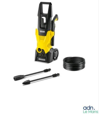a yellow and black pressurer next to a hose on a white background
