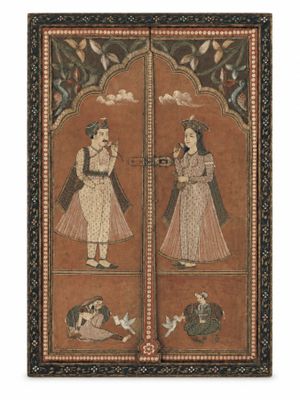 a painting of two women and a cat on a brown background