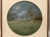 tableau encadré représentant un paysage avec des arbres et de l'herbe