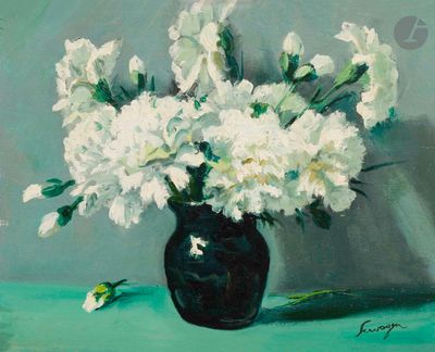 un tableau représentant des fleurs blanches dans un vase noir posé sur une table