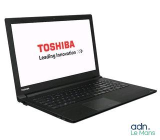 laptop with toshiba logo on screen on white background