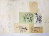 several sketches of various people in various poses on a sheet of paper