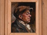 an oil painting of a man wearing a hat in a wooden frame