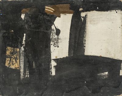 une peinture en noir et blanc représentant un homme debout devant un immeuble