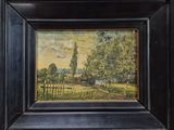une peinture à l'huile représentant une scène de vie à la ferme, dans un cadre noir