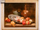 un tableau représentant des pommes et d'autres fruits posés sur une table