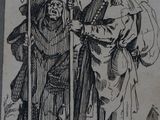 drawing of a man and a woman standing next to each other in front of a building