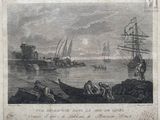 engraving of a view of a harbor with boats and people on the shore