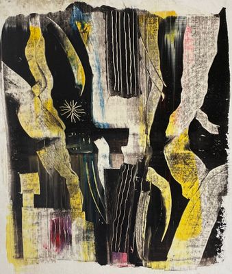 une image représentant une peinture noire et jaune sur un mur blanc