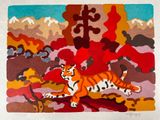 painting of a tiger in a field of flowers with mountains in the background