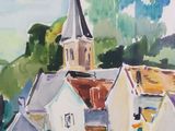 a painting of a village with a church steeple in the background