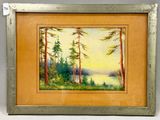 une image représentant un tableau représentant une scène de forêt avec un lac en arrière-plan