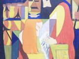 tableau représentant une femme en train de lire un livre dans un parc