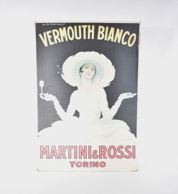 une vieille affiche représentant une femme coiffée d'un chapeau blanc et tenant un verre à vin