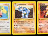 three pokemon cards are shown in a row on a black background