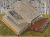 painting of an open book sitting on top of a wooden table