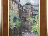 an oil painting of a house by a river with a bridge