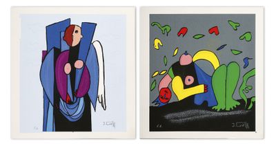 two paintings of a man and a woman sitting on a couch