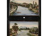 two paintings of a river and a village with boats on it