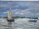 painting of a sailboat in the water with other boats in the background