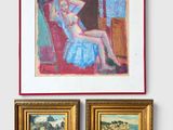 two framed paintings of a woman sitting in a chair and a painting of a woman sitting in a chair