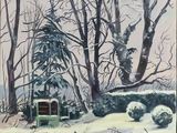 painting of a snowy scene with a bench and trees in the background