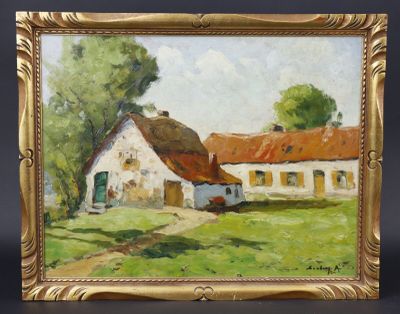 une peinture à l'huile représentant une ferme au toit de chaume, dans un cadre doré