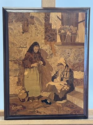 an image of a painting of a woman and a man sitting on a bench