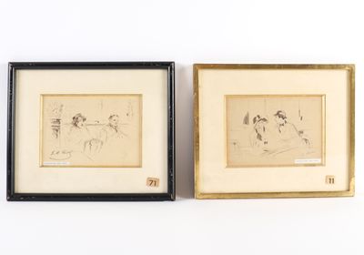 two framed drawings of a man and a woman sitting on a bench