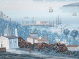 a painting of a view of a town and a body of water