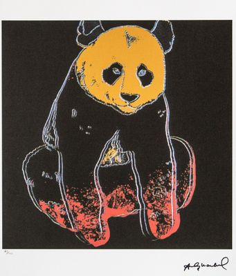 peinture représentant un panda noir et jaune assis sur une surface noire