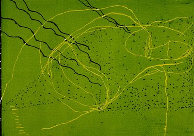 abstract painting of green and black lines and dots on a green background