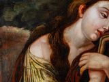 an image of a painting of a woman holding a harp