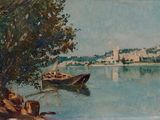 a painting of a boat on the water near a shore