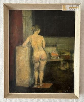 une image représentant un tableau où l'on voit une femme nue debout devant un réfrigérateur