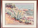 framed watercolor painting of agaves on the beach by the ocean