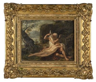 un tableau représentant une femme assise sur un rocher, un oiseau dans la main