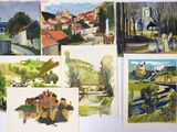 several watercolor paintings of a village and a river in the country