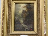 un tableau représentant un paysage boisé avec une rivière au premier plan