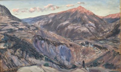 tableau représentant un paysage de montagne, avec une personne debout au premier plan et une montagne en arrière-plan