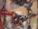 une peinture abstraite représentant un homme à cheval dans une pièce